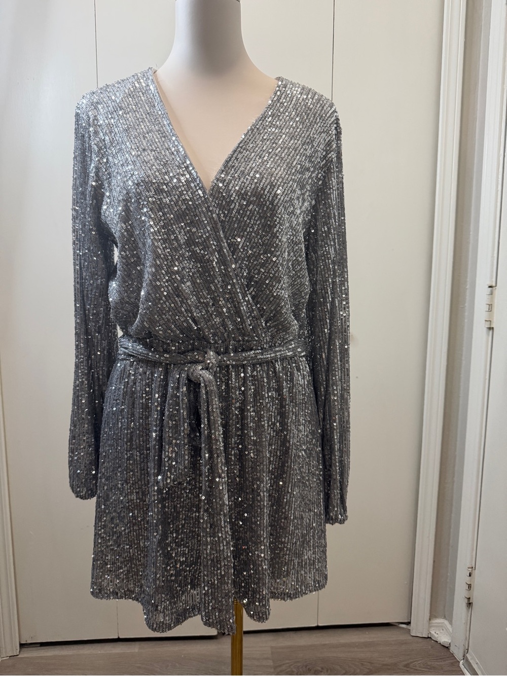 BCBGeneration Silver Sequin Long Sleeve Wrap Jumpsuit